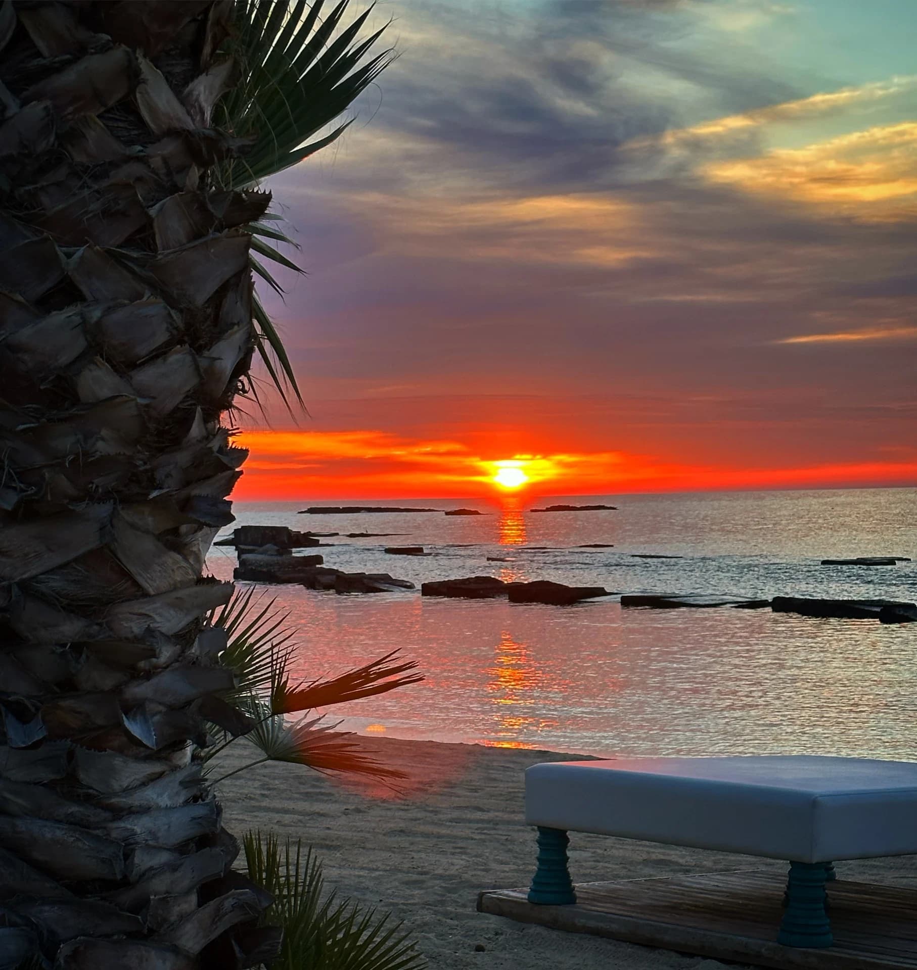 Sonnenuntergang am Meer zwischen Palmen